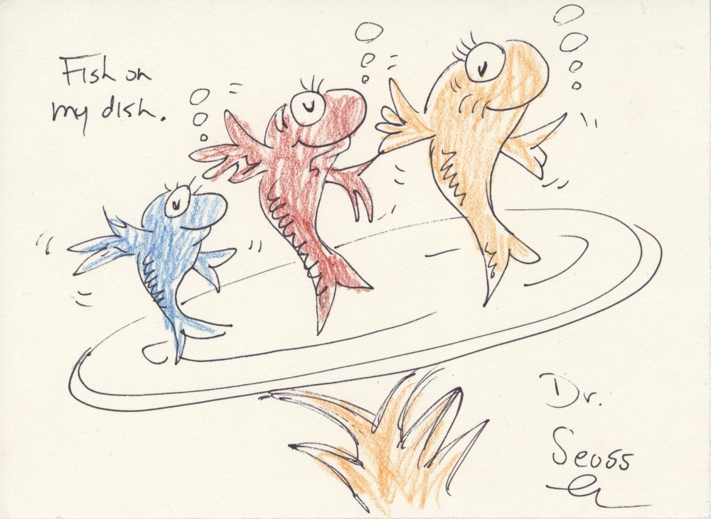 Lot #203: THEODOR SEUSS GEISEL [DR. SEUSS] - Fish on My Dish - Felt-tip pen and crayon on paper