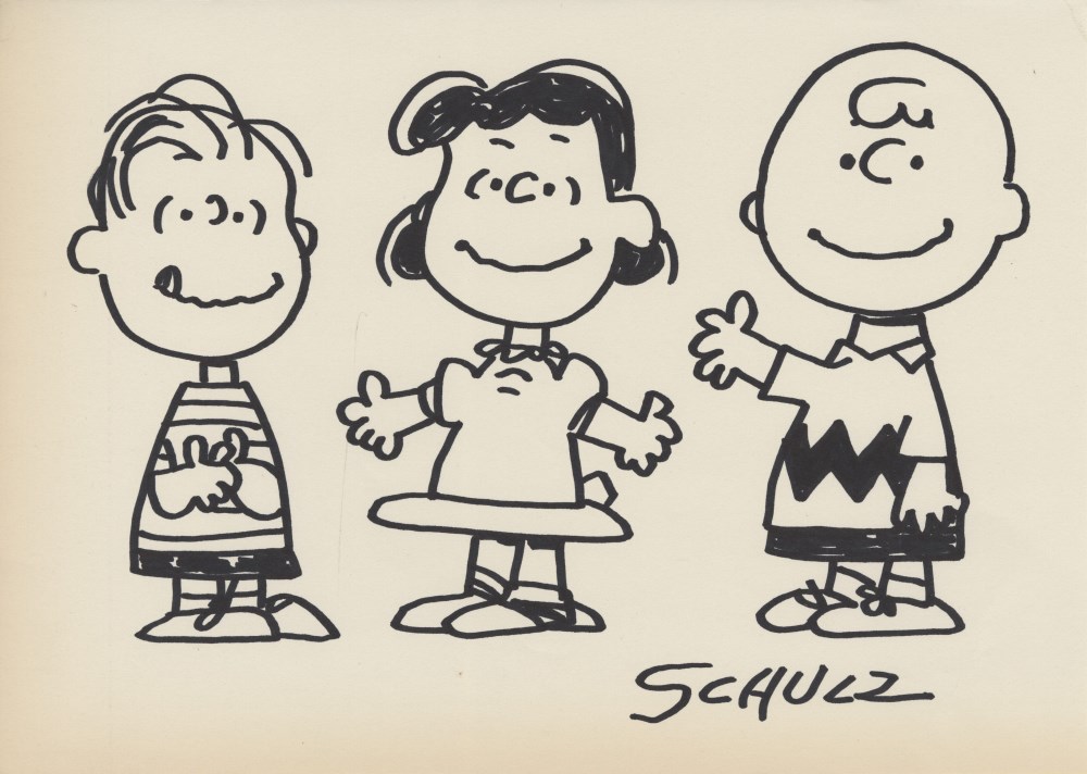 Lot #1110: CHARLES SCHULZ - Linus, Lucy, and Charlie Brown - Marker drawing on paper