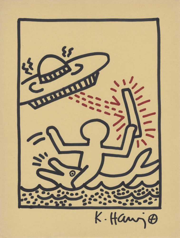Lot #154: KEITH HARING - UFO, Dolphin, and Rider - Marker drawing on paper
