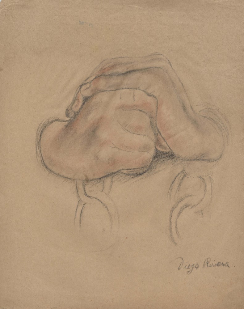 Lot #957: DIEGO RIVERA - Estudio de las manos - Pencil and color pencil drawing on paper