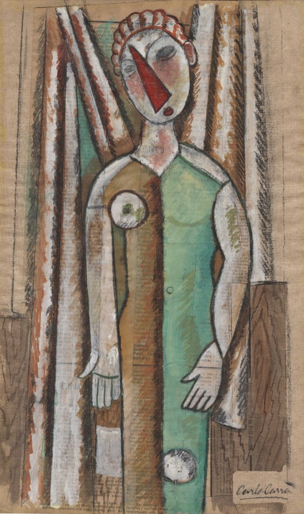 Lot #1607: CARLO CARRA - Ritratto a figura intera - Gouache, watercolor, and charcoal drawing on newspaper laid to support sheet