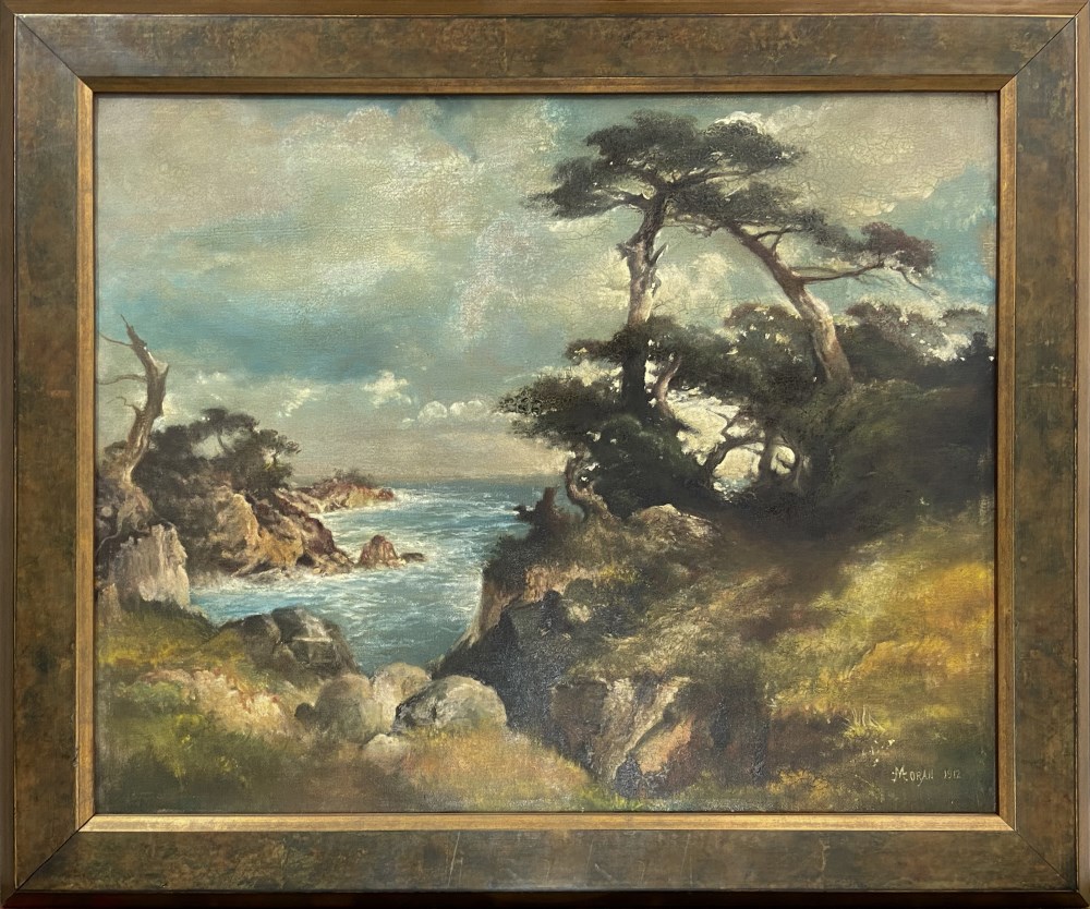 Lot #438: THOMAS MORAN - Near Point Lobos, China Cove, Monterey Coast, California - Oil on canvas