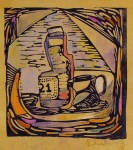 Lot #610: JALED MUYAES - Still Life with Pitcher - Hand colored linocut