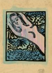 Lot #943: SHIKO MUNAKATA - Reclining Female Nude I - Woodcut with watercolor handcoloring