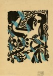 Lot #419: SHIKO MUNAKATA - Nude Female with Leaves - Woodcut with watercolor handcoloring