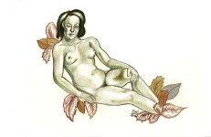 Lot #2631: ESTELA WILLIAMS - Nude and Leaves - Colored pencils on paper