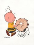 Lot #869: CHARLES SCHULZ - Charlie Brown and Snoopy with Drum - Watercolor and ink drawing on paper