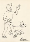 Lot #2183: HERGE [imput&#233;e] - Tintin Waving, with Snowy - Ink drawing on paper