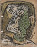 Lot #122: PABLO PICASSO - Tête 4-10-1971 - Charcoal, crayon, and watercolor drawing on paper
