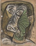 Lot #636: PABLO PICASSO - Tête 4-10-1971 - Charcoal, crayon, and watercolor drawing on paper