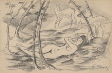 Lot #421: FRANZ MARC - Nackt mit zwei Hirschen in einer Landschaft - Pencil drawing on paper