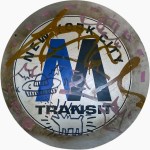 Lot #1629: KEITH HARING - Subway drawings: Barking Dog [and] Flying Saucer - Black marker drawings on vinyl decal on steel medallion
