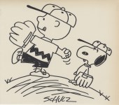 Lot #98: CHARLES SCHULZ - Charlie Brown and Snoopy Playing Baseball - Marker drawing on paper