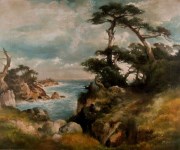 Lot #325: THOMAS MORAN - Near Point Lobos, China Cove, Monterey Coast, California - Oil on canvas